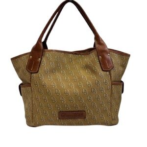 Vintage Dooney & Bourke USA DB Monogram Canvas Tote Tan Brown Leather Trim